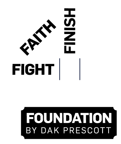A graphic illustration of a hammer labeled 'Foundation by Dak Prescott' striking a surface, with the words 'Faith,' 'Fight,' and 'Finish' integrated into the hammer design.