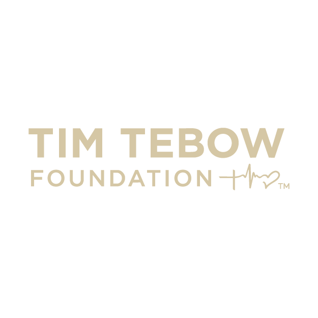 Tim Tebow Foundation logo with beige text and a heartbeat line forming a heart.