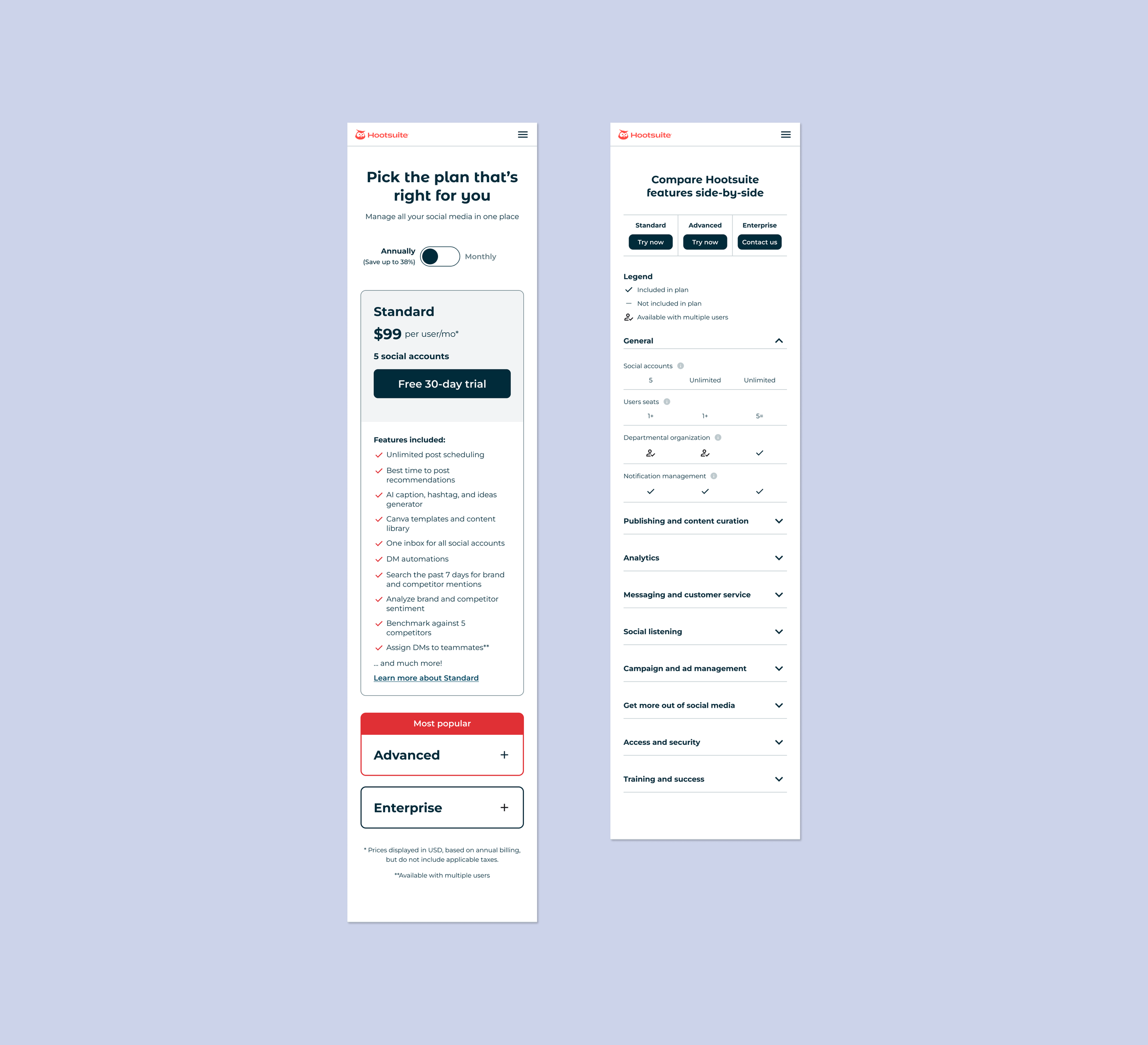 An image of two mobile wireframes, the first wireframe showing pricing cards and the latter showing a pricing plan comparison chart