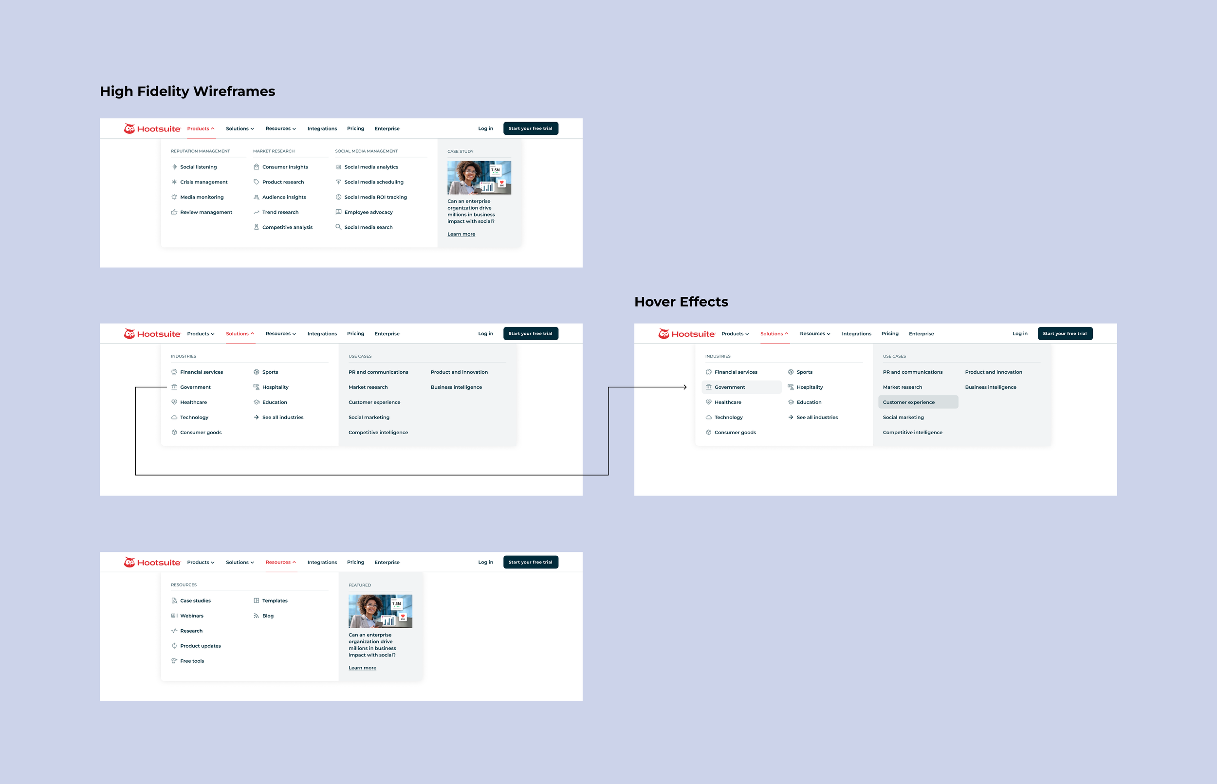 Image of high fidelity wireframes of a website navigation redesign