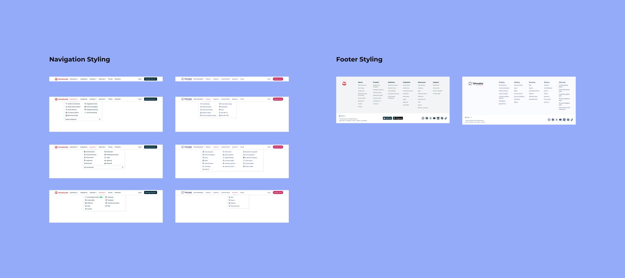 An image showcasing how the styling of both the navigation and footer translates between two brands