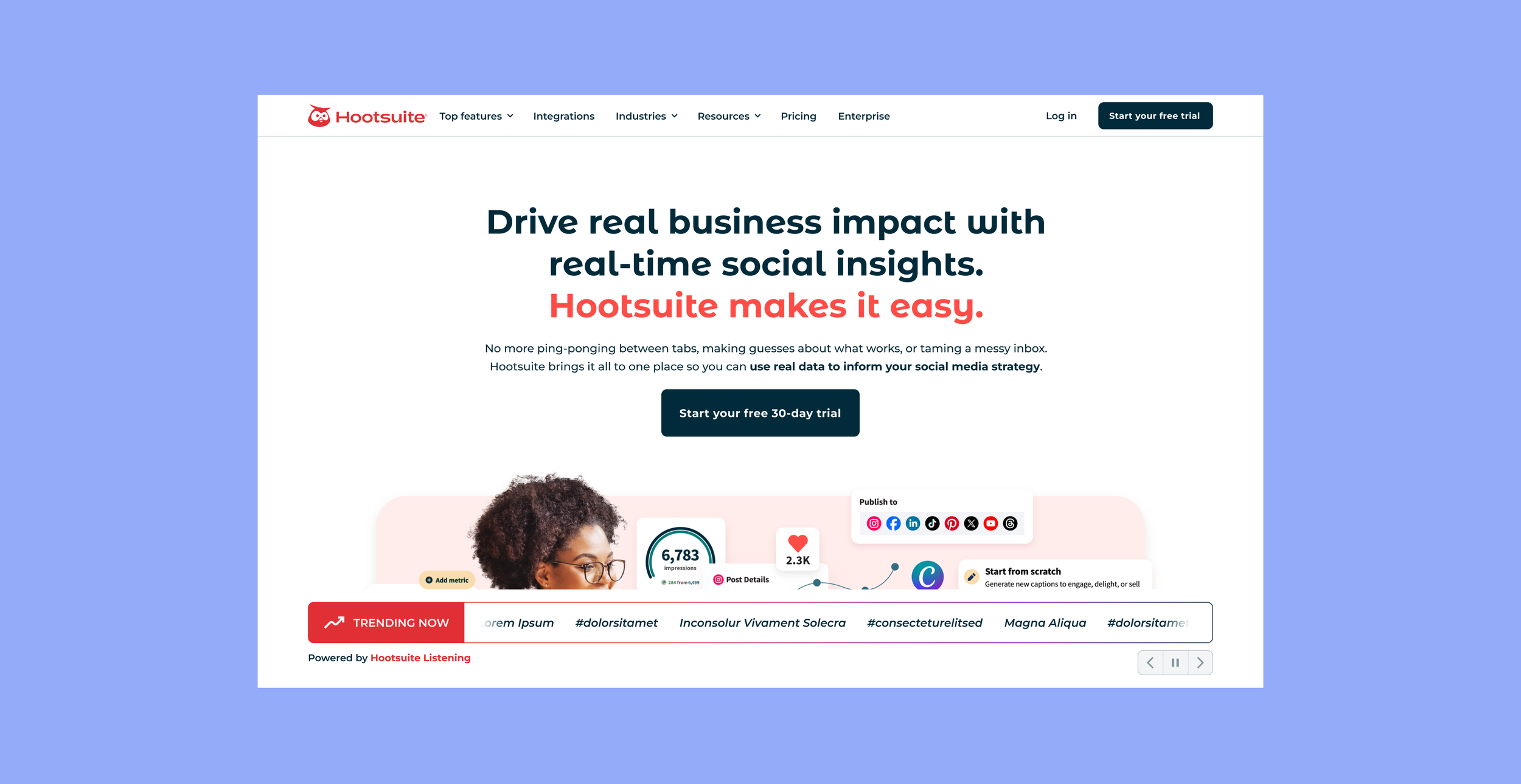 An image showcasing a trends ticker component placed on the bottom of a screen. The ticker features the top trends scrolling across the screen with a set of controls that allows a user to pause it or move forward and backward as needed