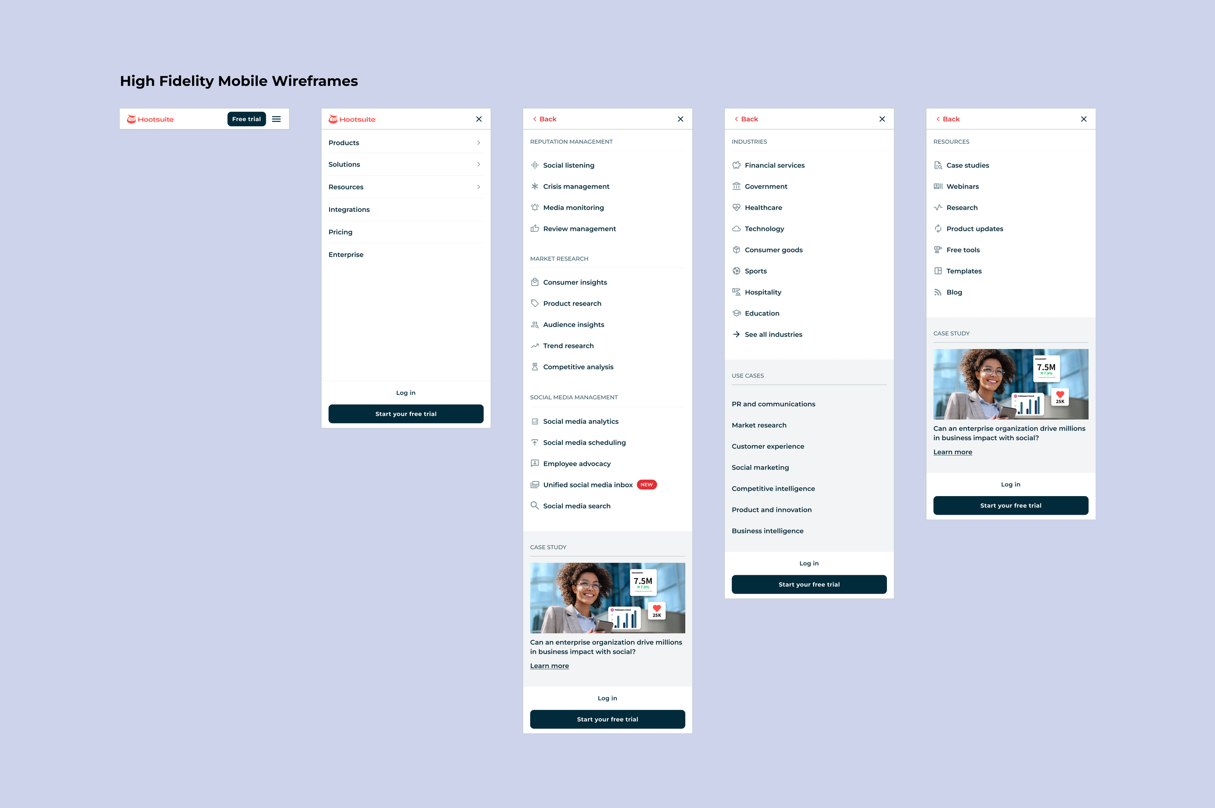 An image of high fidelity wireframes for a mobile navigation