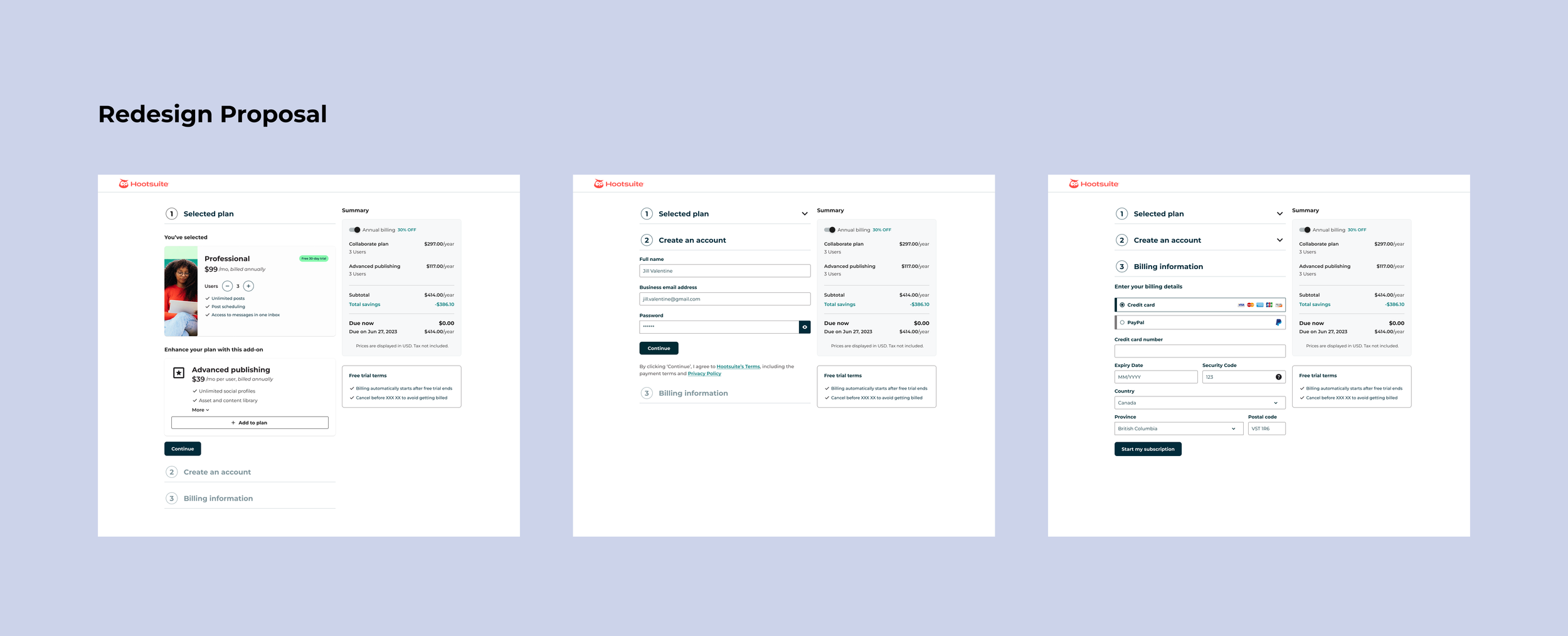 An image showcasing the three collapsible menus for a signup app. The designs showcase plan details, creating an account, and billing information.