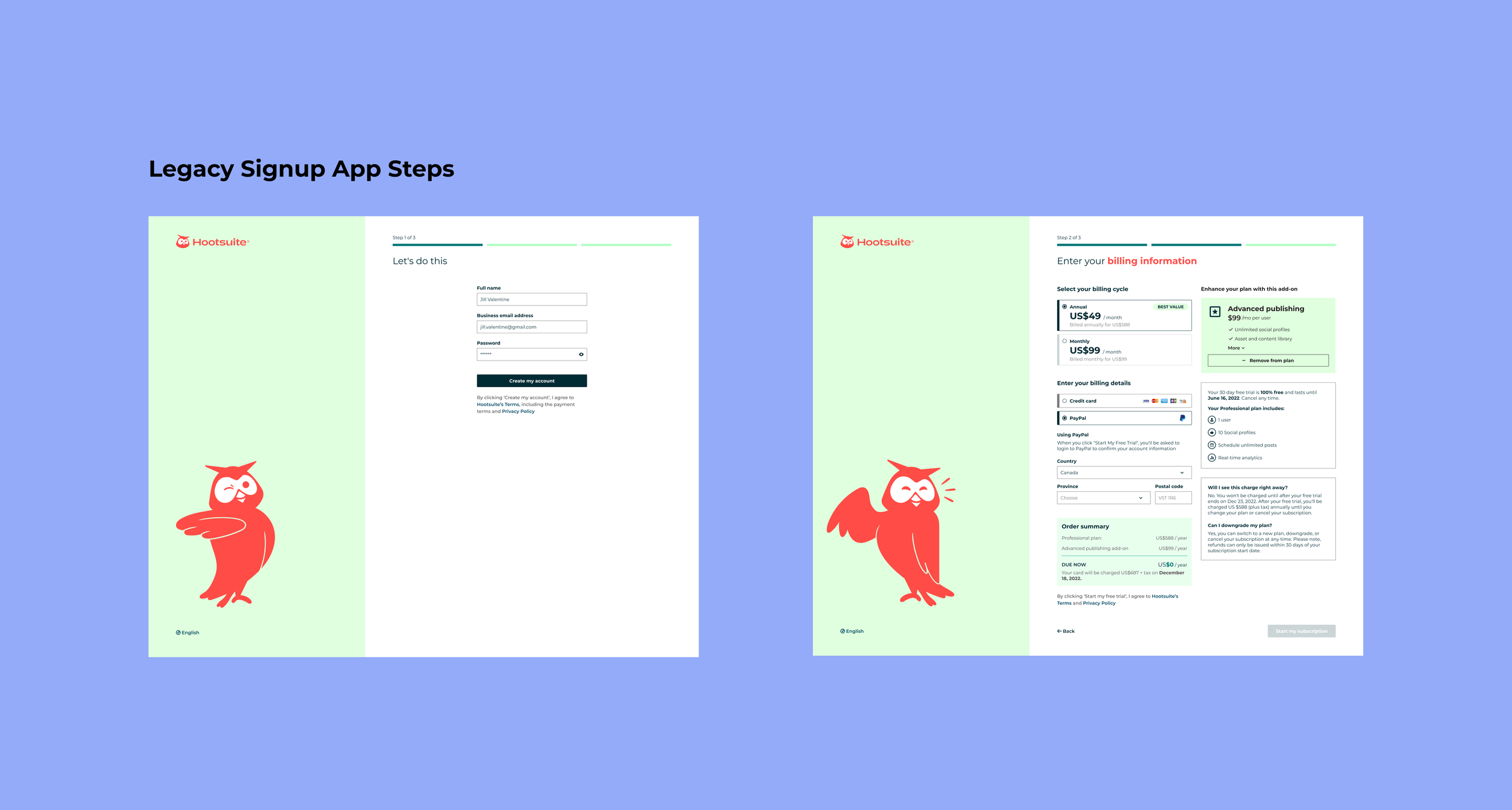 And image of two high fidelity wireframes showing the first two steps of a cluttered signup app.