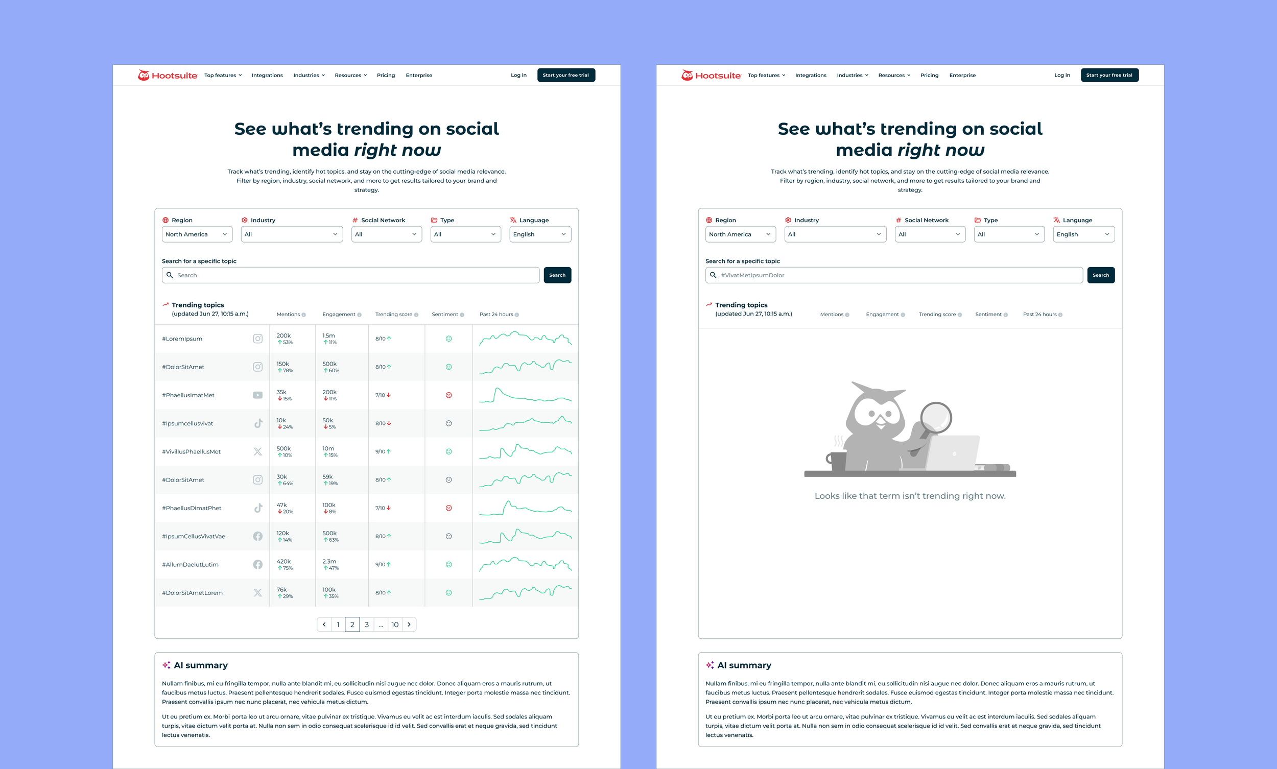 An image showcasing two high fidelity wireframes of a trend tracker tool and subsequent empty state for a search that comes back with no results