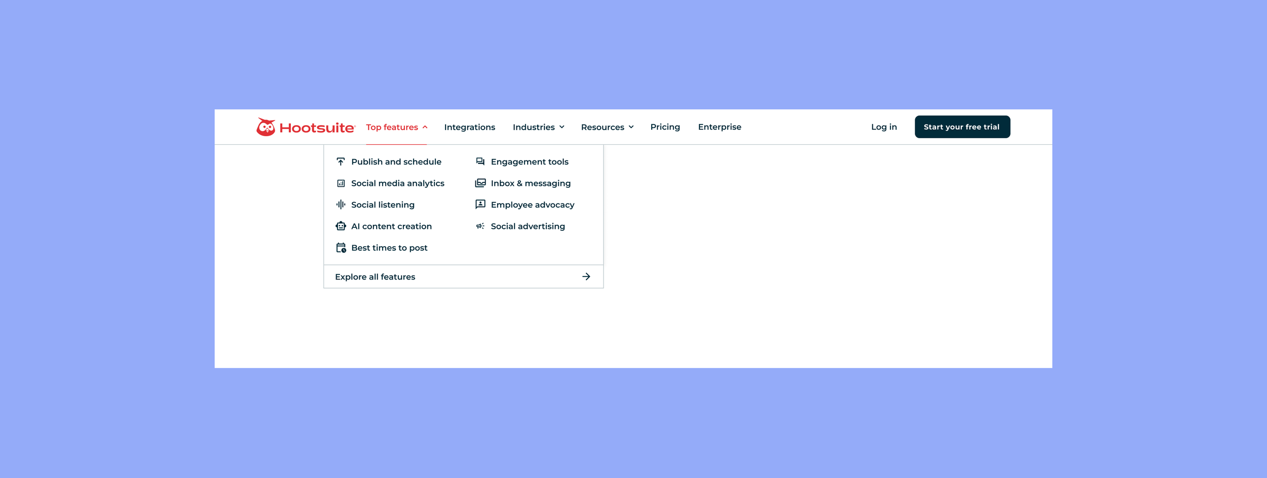 Image of four high fidelity wireframes showcasing the current navigation styling and information architecture of hootsuite.com