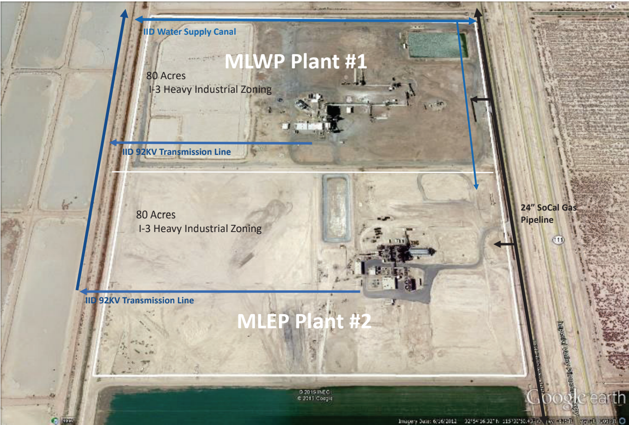 Aerial view of an industrial site with two plants labeled 'MLWP Plant #1' and 'MLEP Plant #2', each with 80 acres and heavy industrial zoning. The site has two labeled 92KV transmission lines, a 24-inch SoCal gas pipeline running along the right side, and water supply infrastructure. The image includes measurement markers and zoning notes.