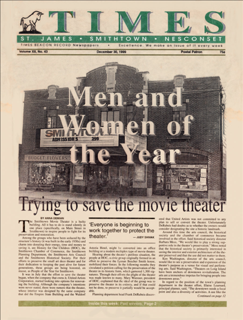 Front page of a newspaper called The Times from December 30, 1999, featuring headlines about men and women of the year, and an article on saving the movie theater.