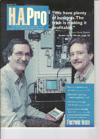 Cover of H.A.P Pro magazine featuring two men with electronic equipment, with headlines about business, profitability, and electronic house technology.