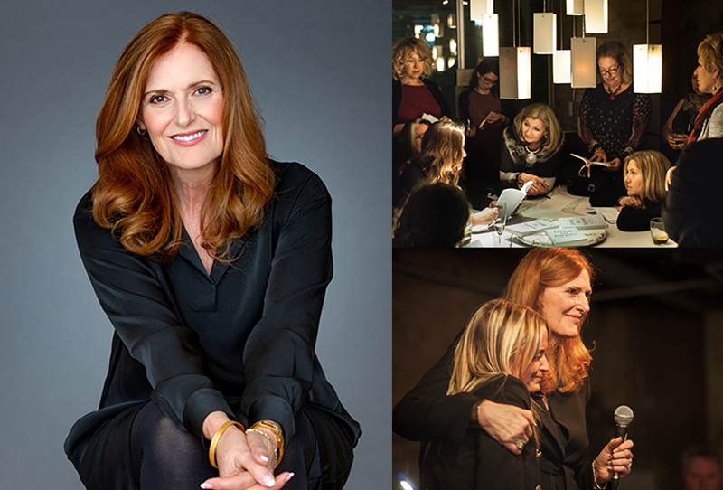A collage of three images: a woman with red hair sitting against a gray background, a group of women gathered around a table with books and papers, and two women hugging and one holding a microphone at an event.