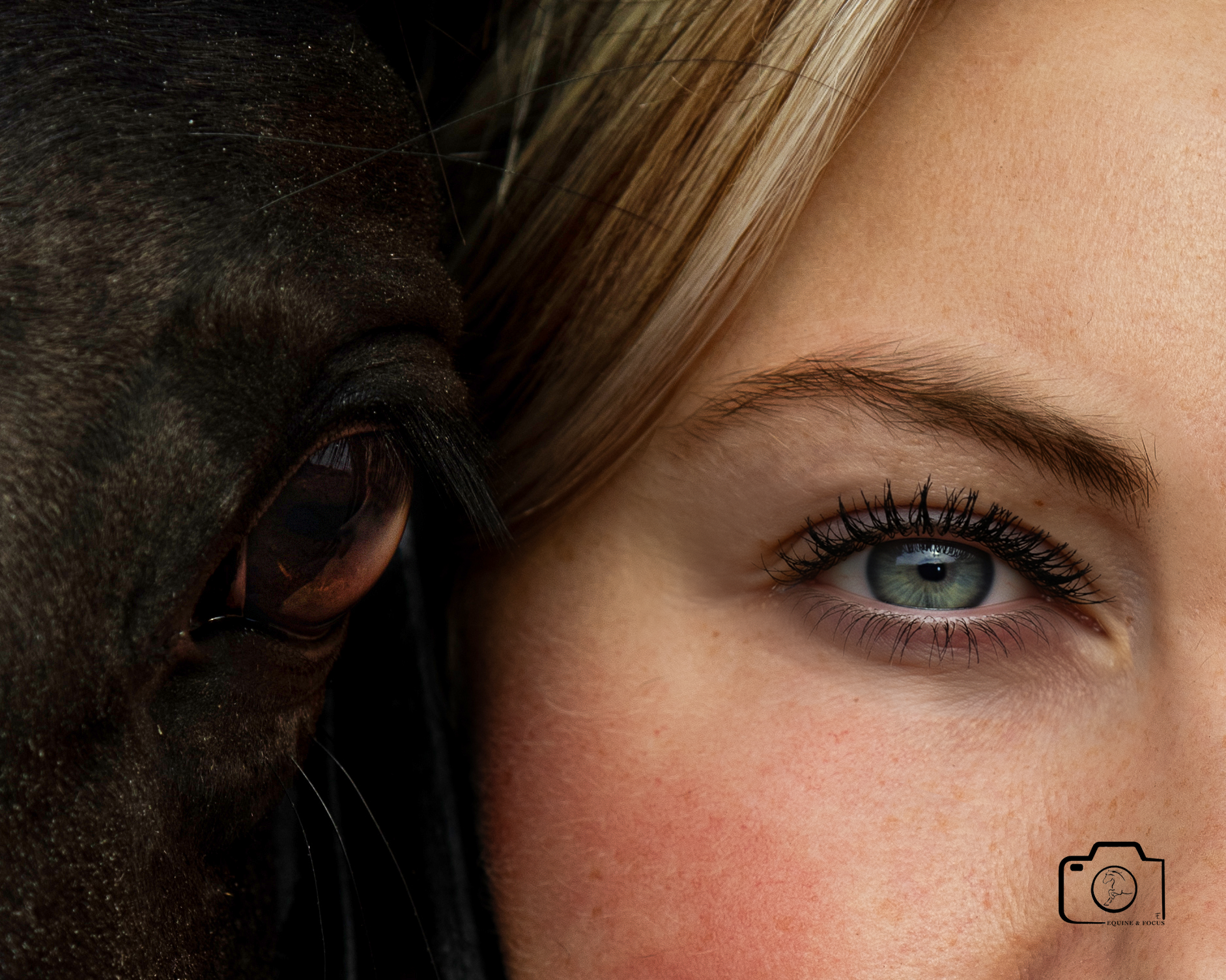 Close-up of a woman and a horse's face, showing their eyes and part of their noses.