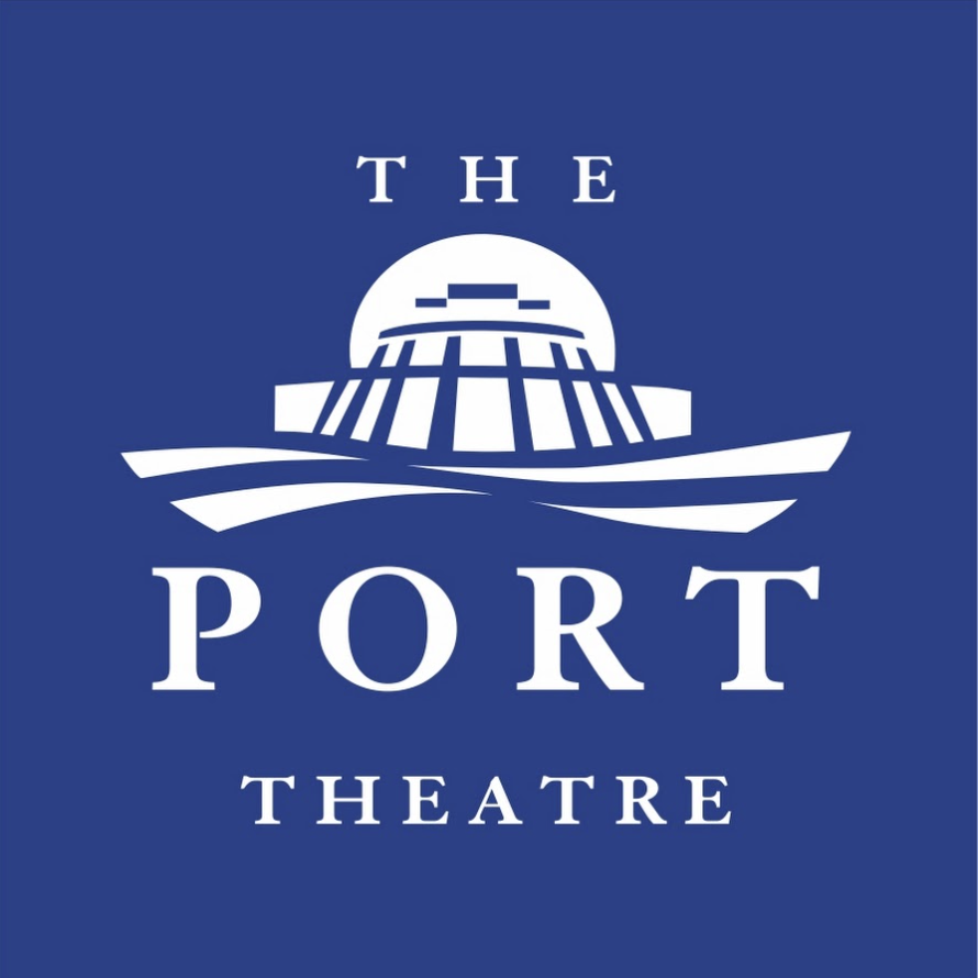 Logo for The Port Theatre featuring a stylized building and a sun over water, with the text 'The Port Theatre' on a blue background.
