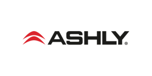 ASHLY logo with red and black design elements