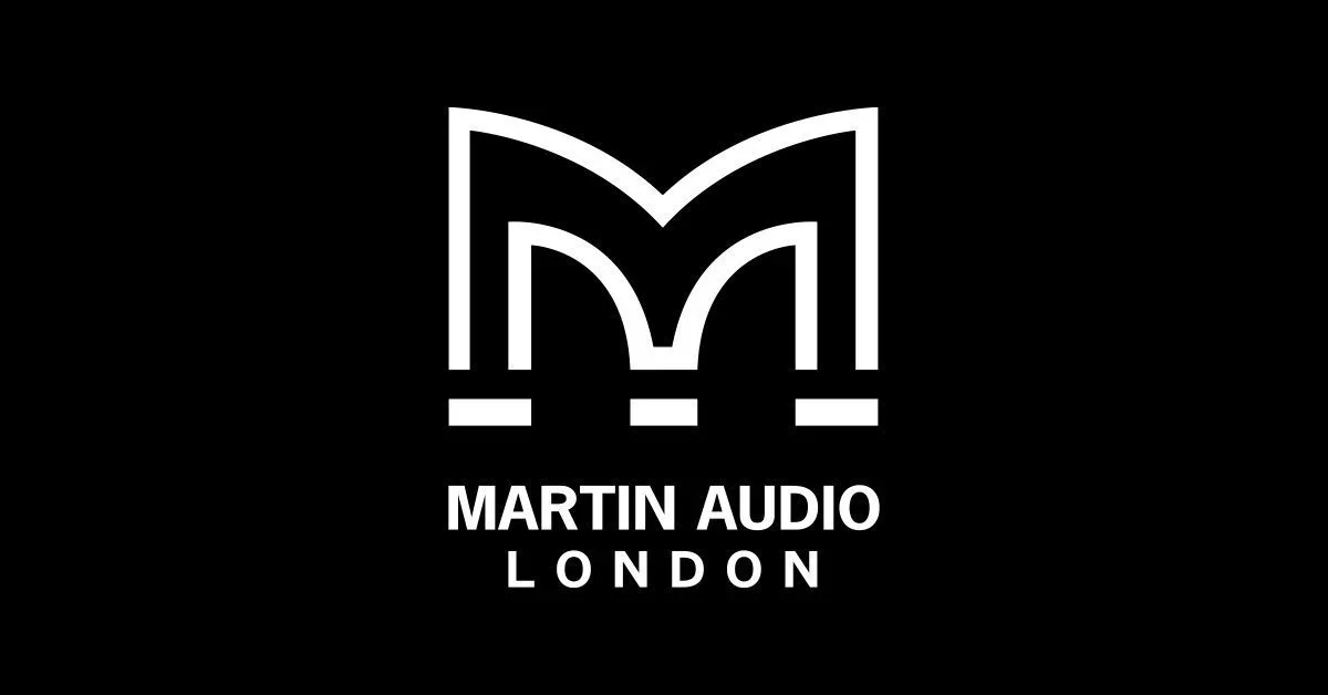 Black background with white logo featuring a stylized letter M and open book, with the text "MARTIN AUDIO LONDON" below.