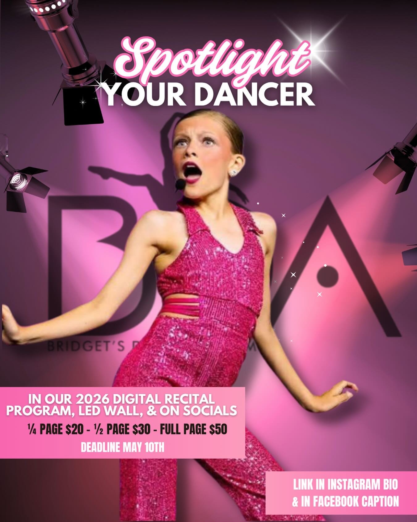 ✨ Spotlight Your Dancer ✨

Give your dancer their moment to shine in our 2026 Digital Recital Program, LED Wall, &amp; on Socials! 💖

📸 Celebrate their hard work, growth, and passion with a special shoutout they&rsquo;ll remember forever!

💫 &frac