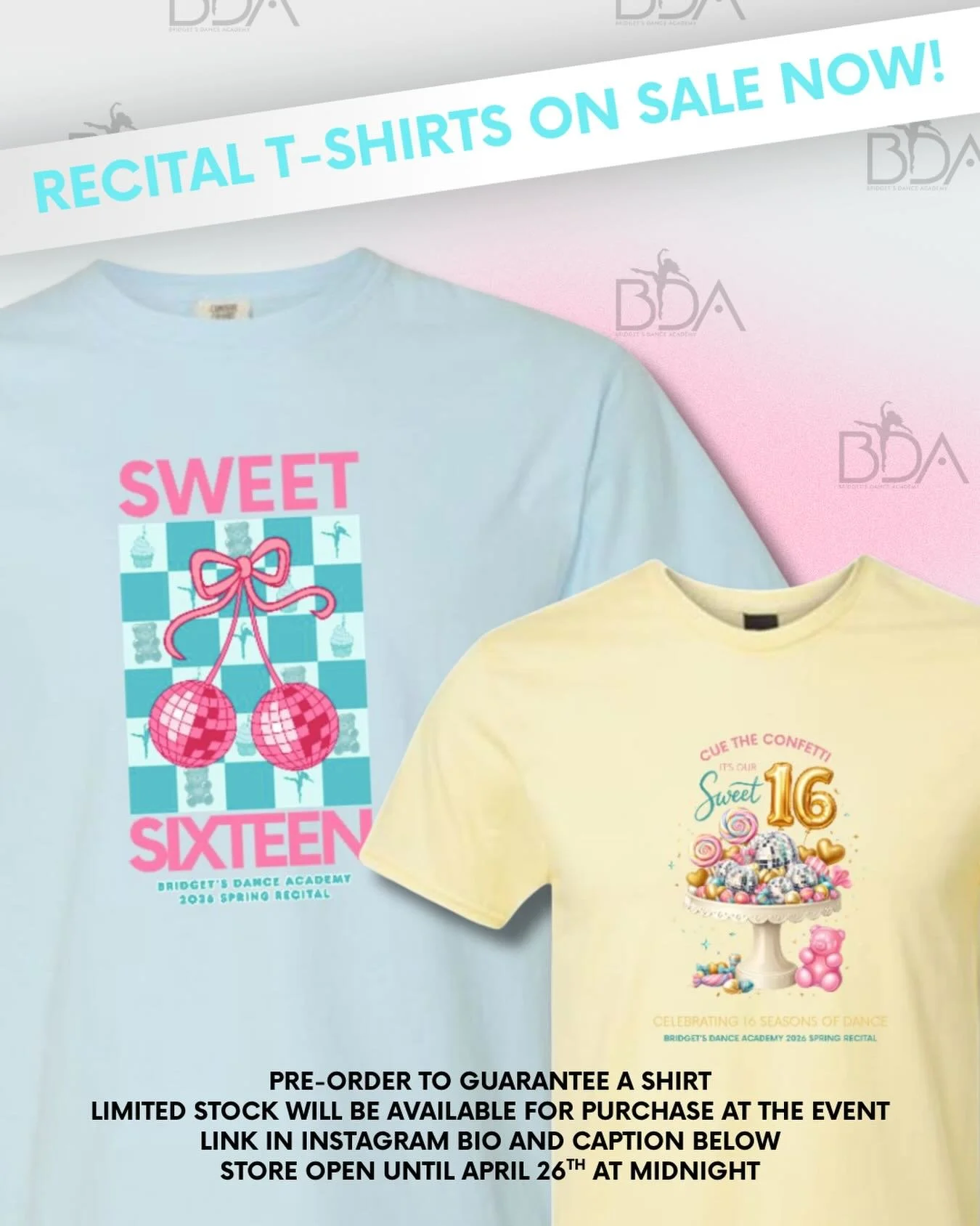 Recital tees are officially LIVE 💖✨
Don&rsquo;t miss your chance to grab your Sweet 16 shirt!

Pre-order now to guarantee yours! Limited stock will be available for purchase at recital.

🛍️ Shop here: https://glennssportinggoods.chipply.com/bdareci