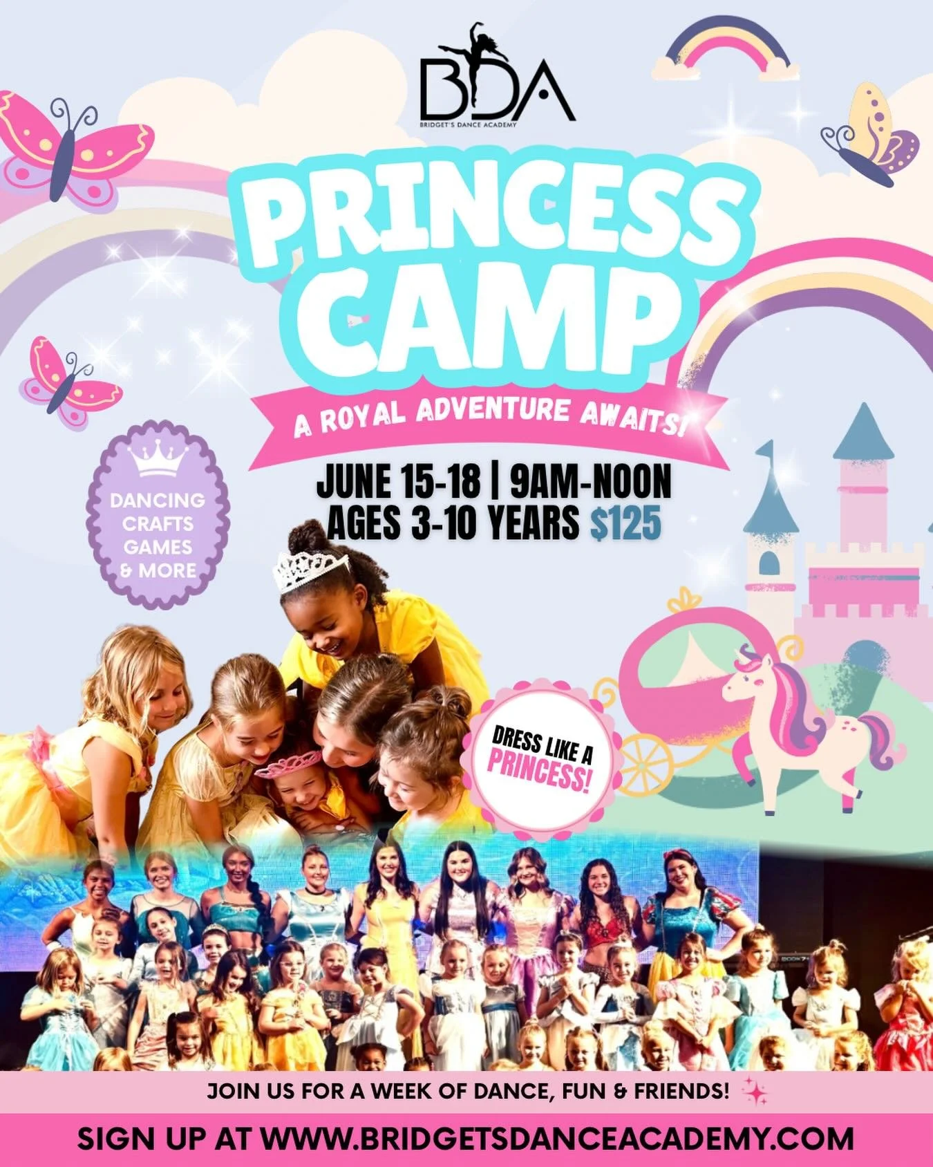 ✨ Our first BDA Summer Camp of 2026 is right around the corner! ✨👑

Join us for Princess Camp June 15-18 for a magical week filled with dancing, crafts, games, princesses, and new friendships! 💖

Campers are encouraged to dress like their favorite 