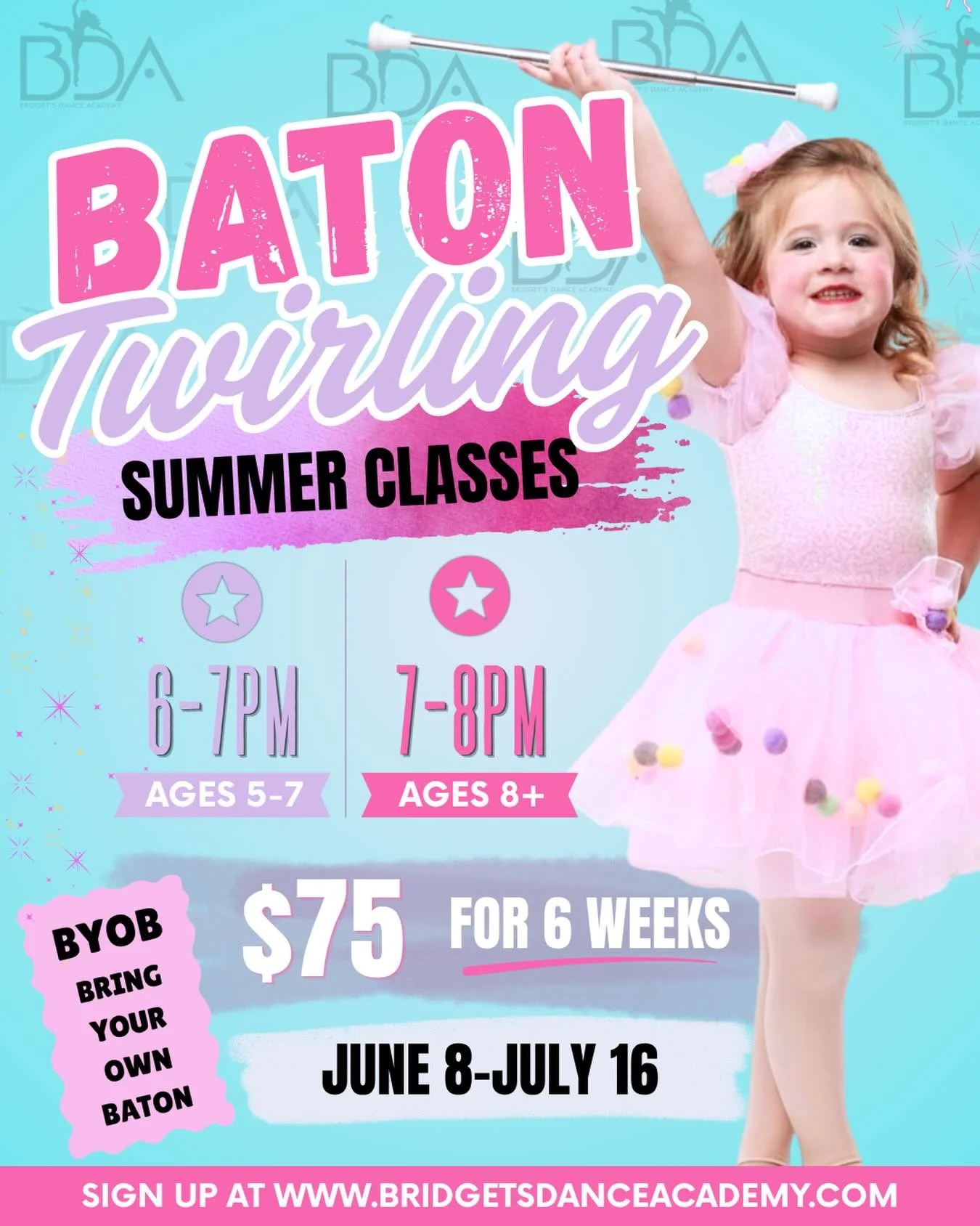🩵✨ TWIRL INTO SUMMER WITH US ✨🩵
Baton Twirling is coming to BDA this summer on Monday nights, starting in just a few weeks! 🌟

🗓  Every MONDAY from June 8 &ndash; July 16
💲 $75 for 6 weeks
📍 BYOB &mdash; Bring Your Own Baton!

⭐ Ages 5&ndash;7 