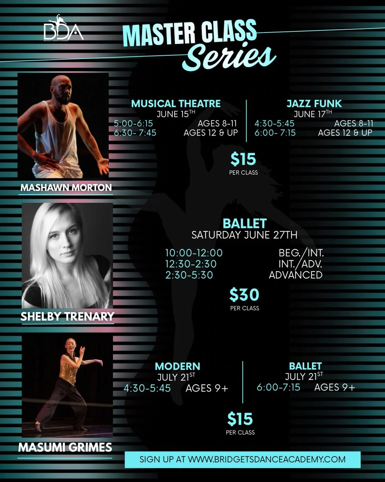 🌟Check out our upcoming BDA Master Classes🌟

You do not have to be a BDA dancer to attend our Summer Master Class Series! Anyone can join us for incredible training opportunities with artists in Musical Theatre, Jazz Funk, Ballet, and Modern. 🩵

✨
