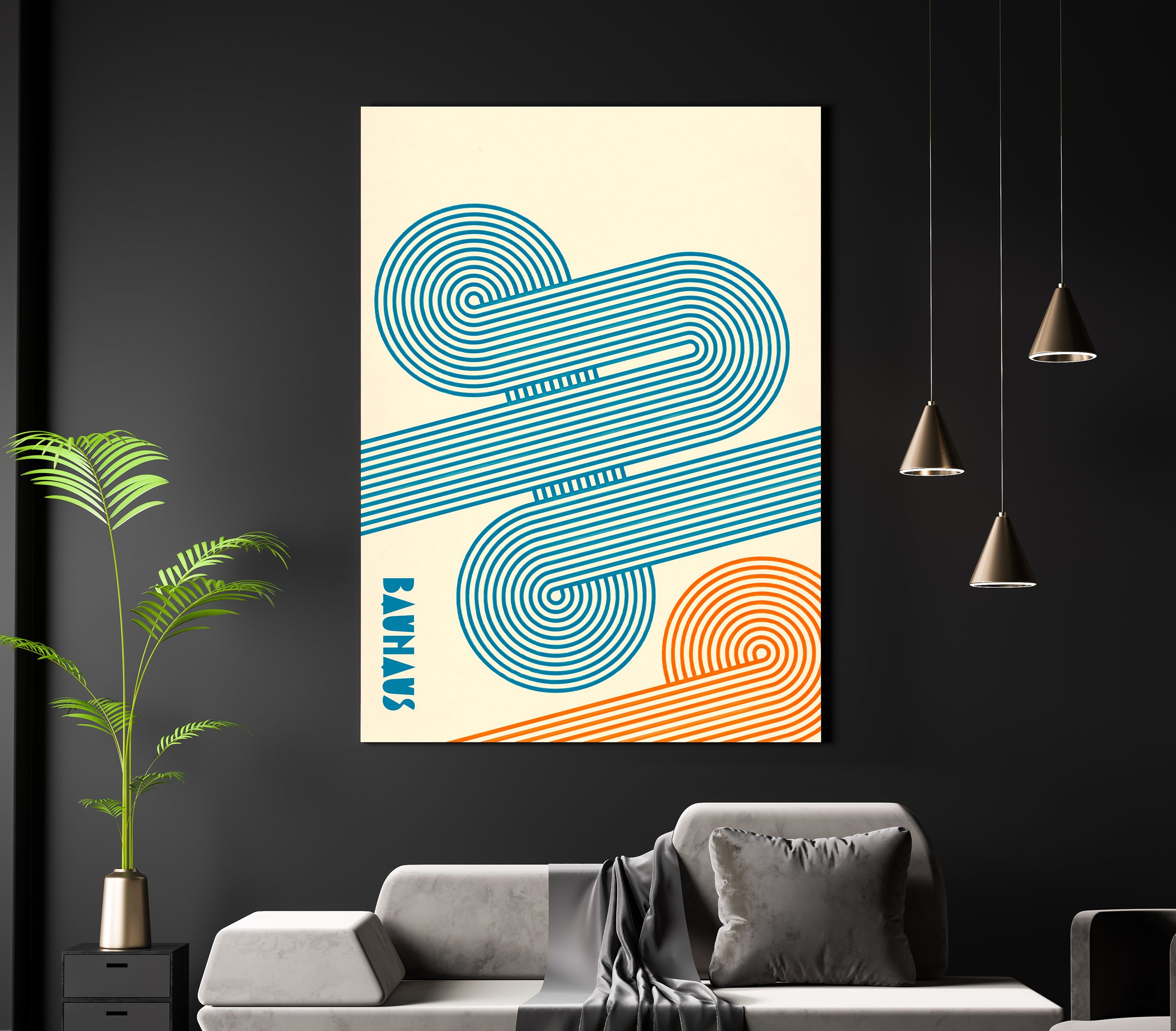 A modern living room with a large, abstract artwork featuring blue and orange lines on a white background, hanging on a black wall. There's a gray sofa with a pillow and blanket, a black side table with a green potted plant, and three pendant lights hanging from the ceiling.