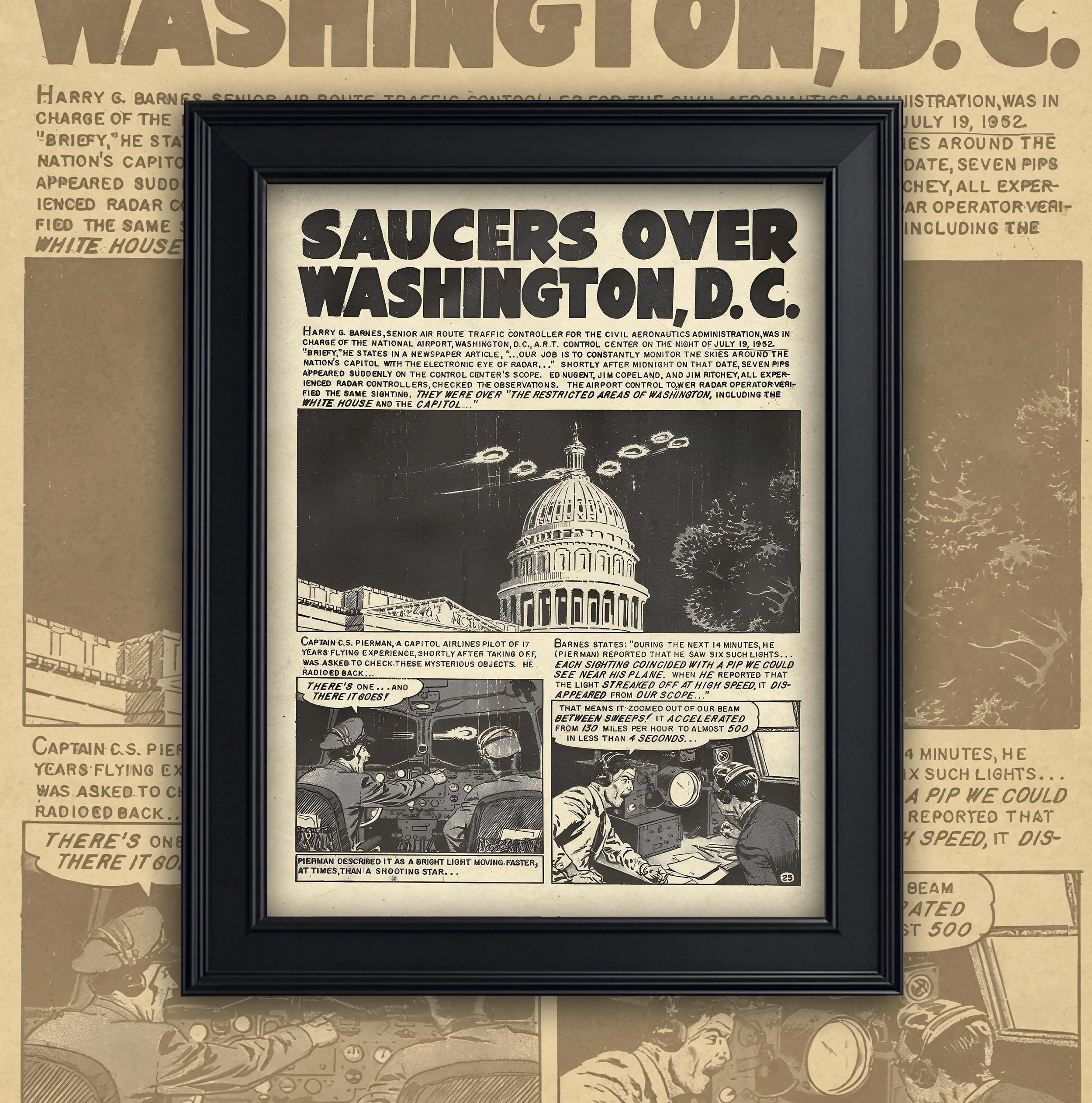 Saucers Over Washington A3 A4 Matte Art Print -  Alien Art - Vintage Comic Strip.- 3I/Atlas - Lazar - Newspaper - UFO - Framed Or Unframed