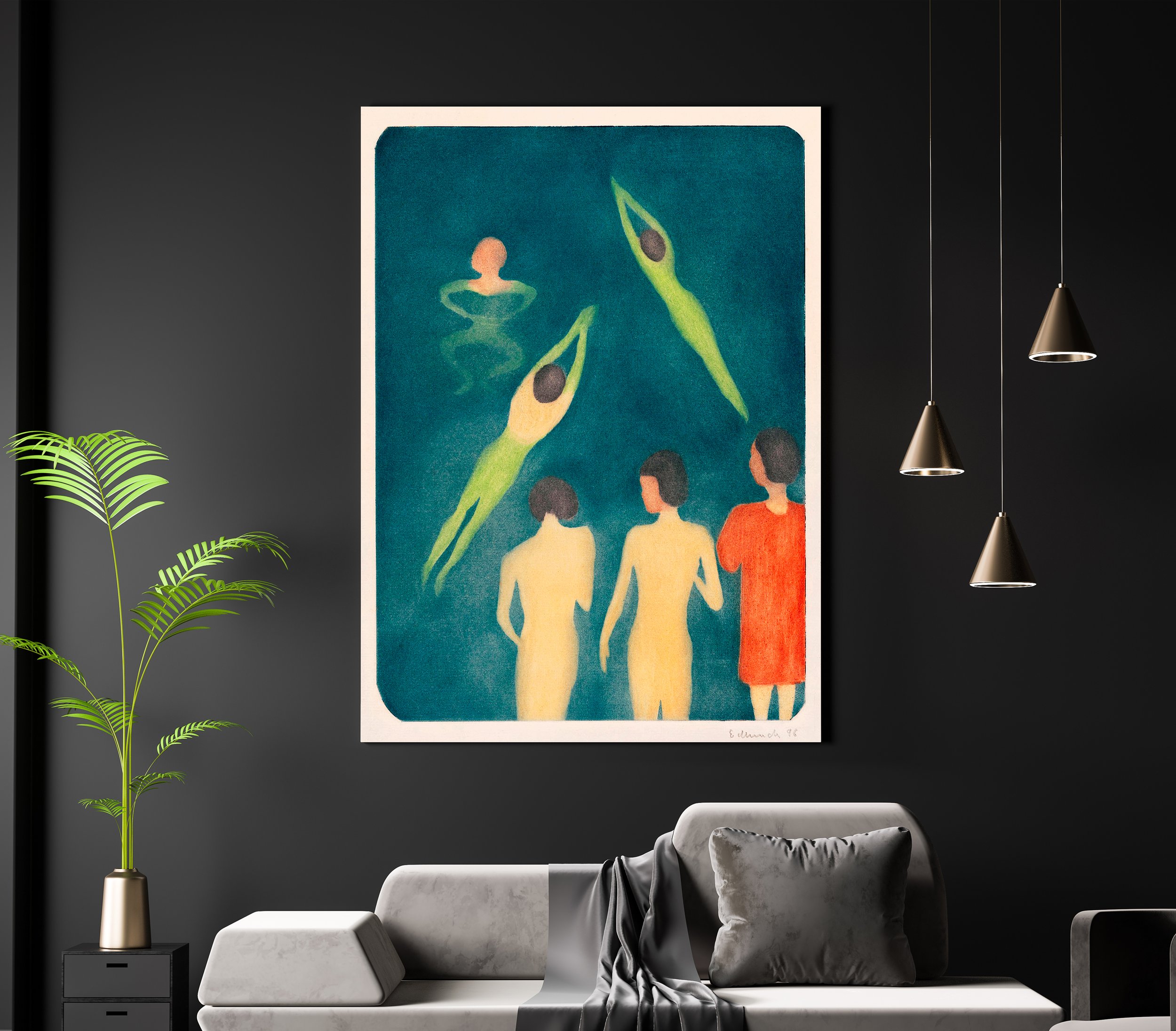 Modern living room with a large colorful poster on a black wall, three hanging pendant lights, a gray sofa with pillows, a blanket, and a tall green plant in a pot.