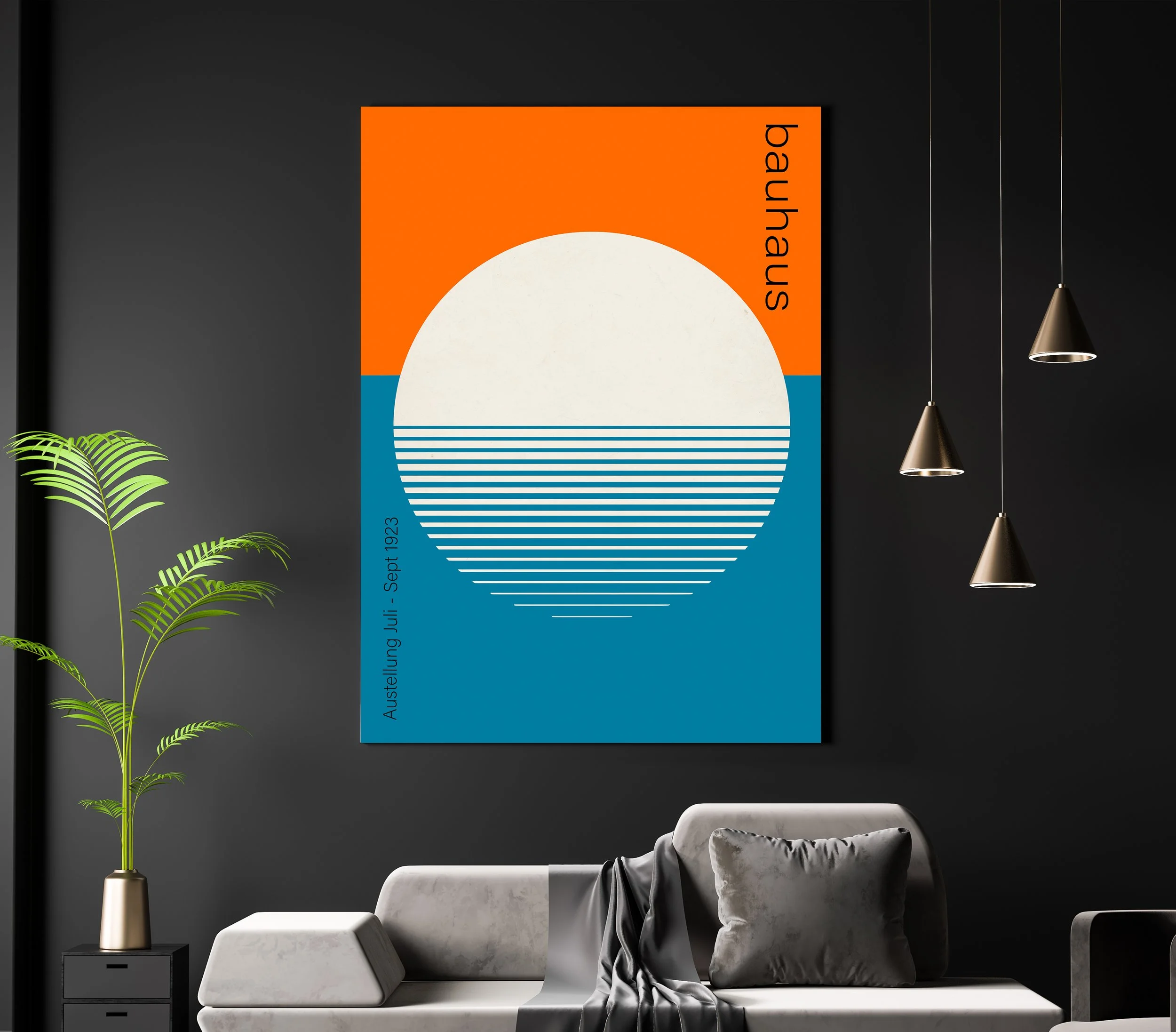 Modern living room corner with a black wall, decorated with a large, colorful abstract art print featuring an orange and blue background, a white semi-circle, and horizontal lines. A light gray sofa with dark gray pillows and a blanket, a small side 