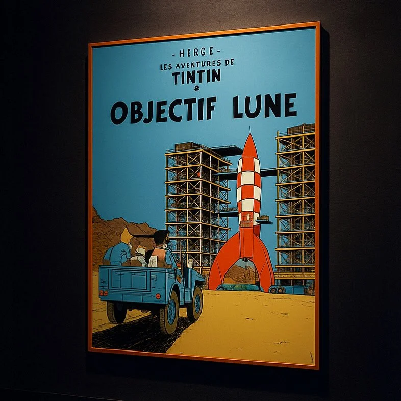 A framed poster depicts Tintin and his friends in a vehicle on a desert-like landscape, watching a rocket ship at launch. The title is in French, "Herge - Les Aventures de Tintin & Objectif Lune," with a cartoon-style illustration.