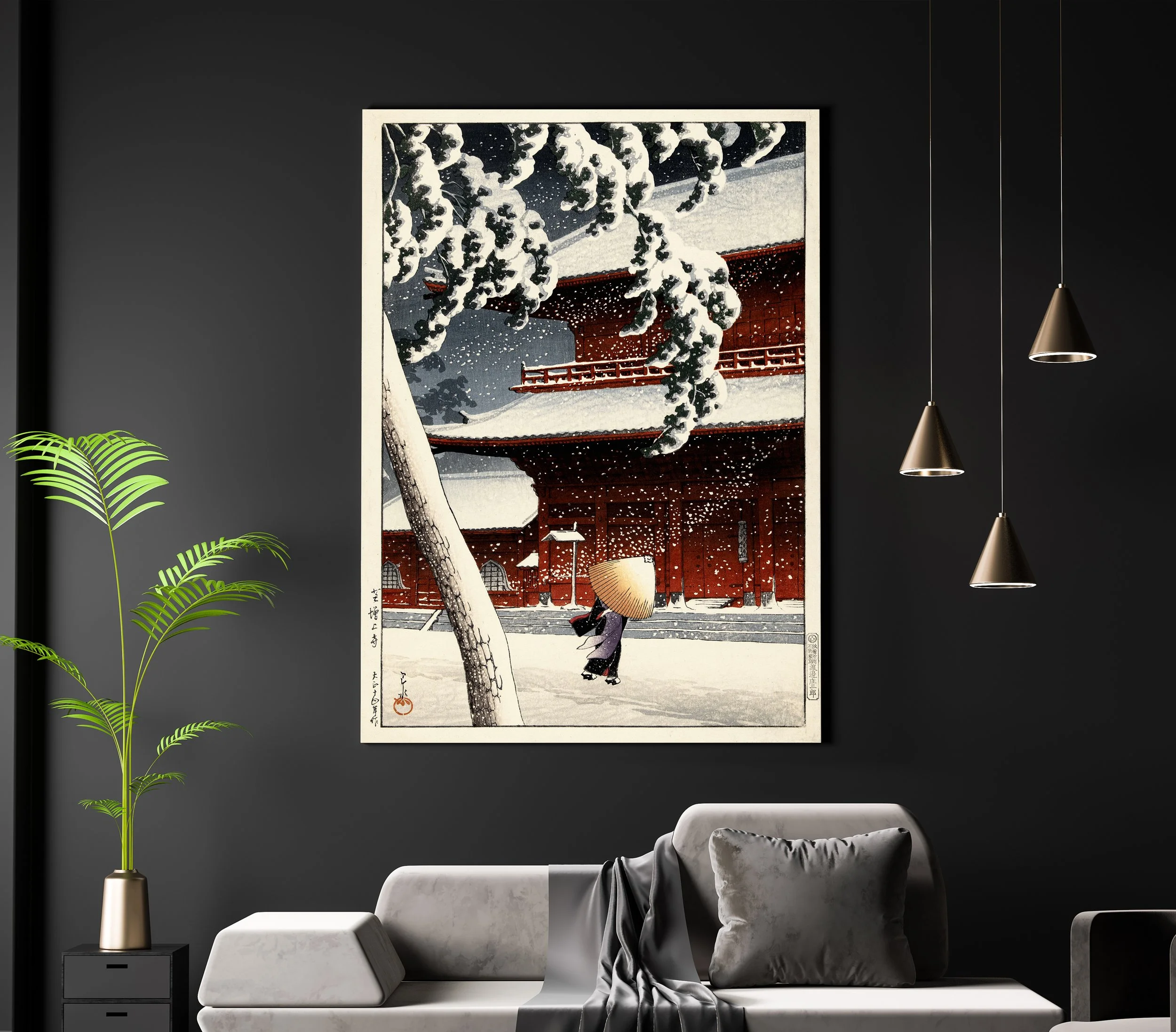 A Japanese woodblock print depicting a snowy scene with a person carrying a large basket on their back, walking past a traditional red temple building surrounded by snow-covered trees.