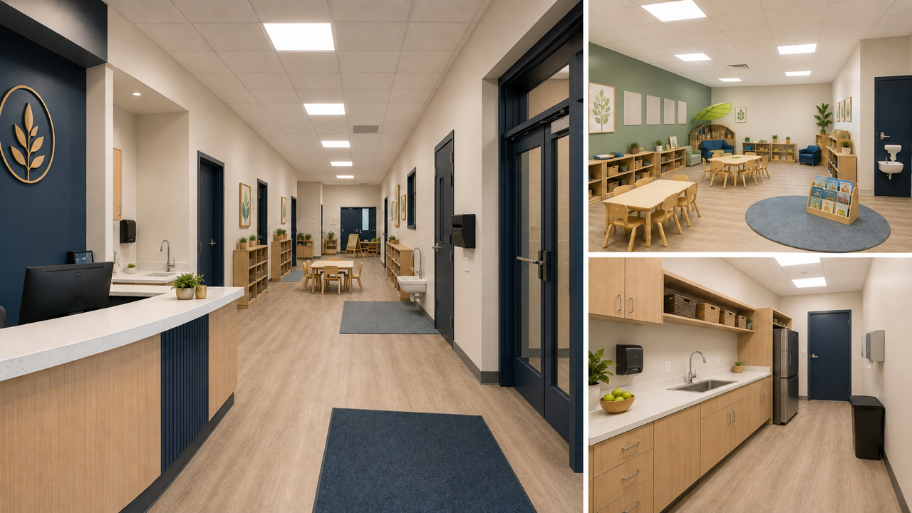 Southern Maryland Early Learning Center interior with reception area, classroom space, child sized tables and chairs, and kitchen.