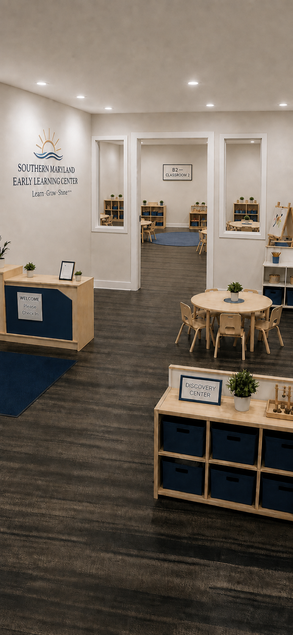 Interior of Southern Maryland Early Learning Center with a welcome area, small round tables and chairs, shelves with educational materials, and a sign indicating Classroom 2 in the background.