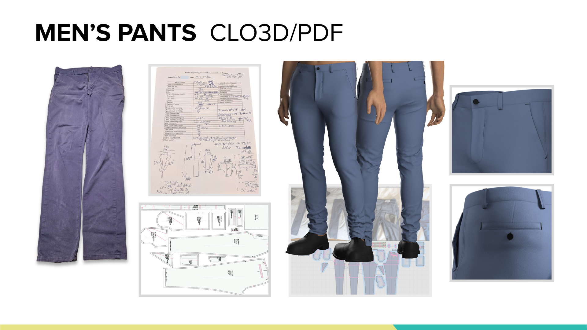 Men's Pants | CLO3D Pattern Development & Reverse Engineering
This project involved reverse engineering an existing pair of men's pants into a production-ready digital pattern using CLO3D. The original garment was carefully measured, analyzed, and re
