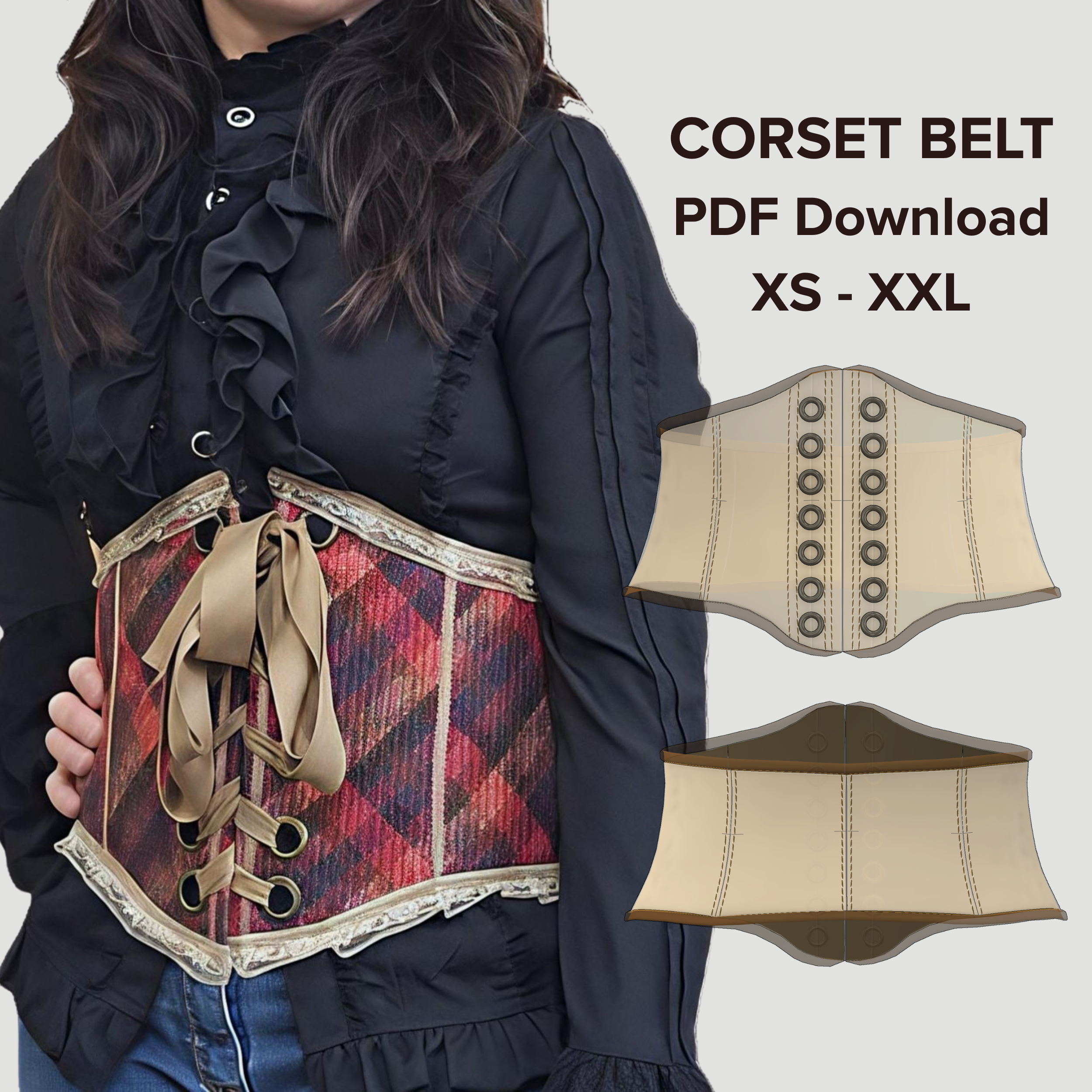A woman wearing a red plaid corset belt with beige laces over a black blouse, standing next to a promotional graphic for a PDF download of corset belts available in sizes XS to XXL.