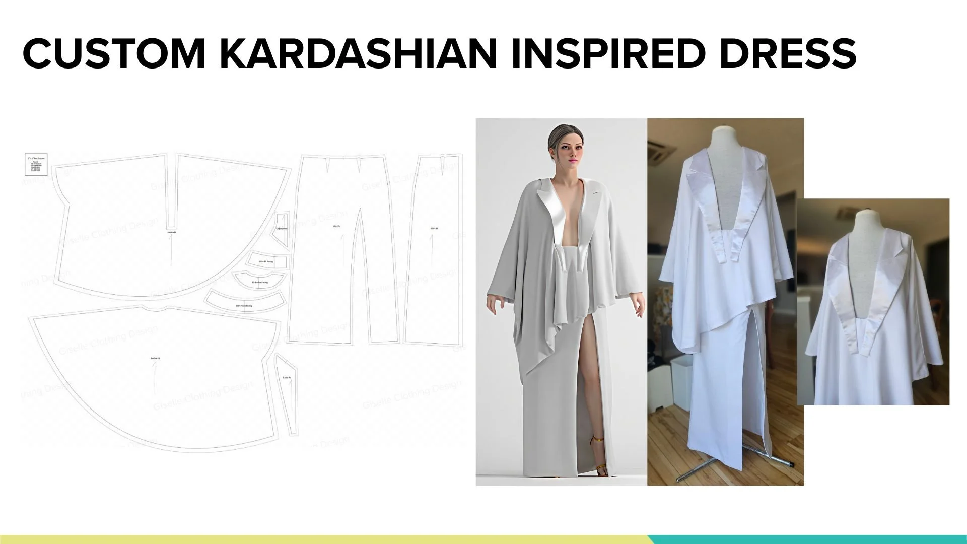 A presentation slide displaying a custom Kardashian-inspired dress with pattern pieces and photos of the finished dress on a mannequin and a model.