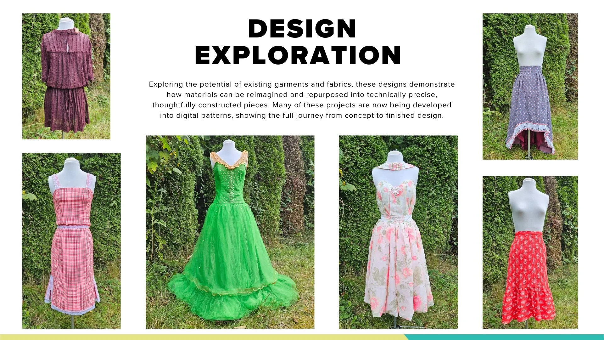Display of six mannequins showcasing various fabric designs and garments outdoors with green foliage in the background, under the heading 'Design Exploration', on a white background.