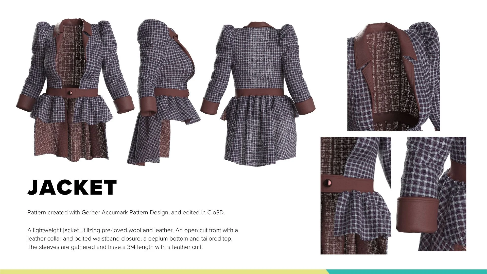 A digital display featuring a designer jacket with multiple angles, showcasing its plaid pattern, leather collar, and cuffs. The display includes close-up views of the jacket's leather details and sleeve design, along with descriptive text highlighti
