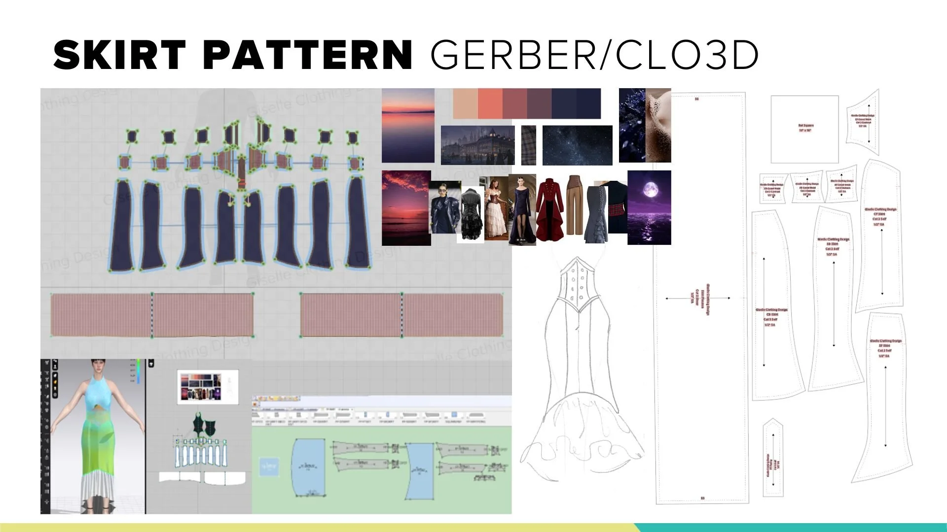 Design board for a skirt pattern, including digital pattern layout, fabric swatches, mood board images, and technical sketches of a dress design.