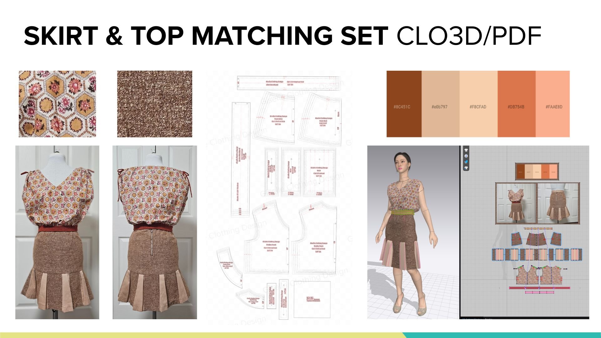 Pattern development for a matching skirt and top set, including digital sewing patterns, fabric swatches, color palette, and digital fashion model. Neutral tones in shades of brown and beige.