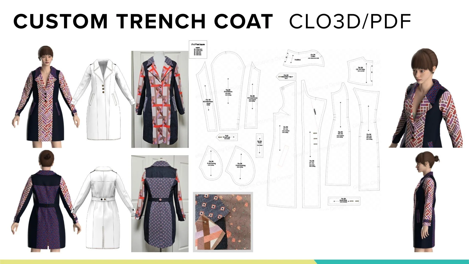 Pattern development and design documentation for custom trench coats, including sewing patterns, finished coat photographs, and fabric swatches.