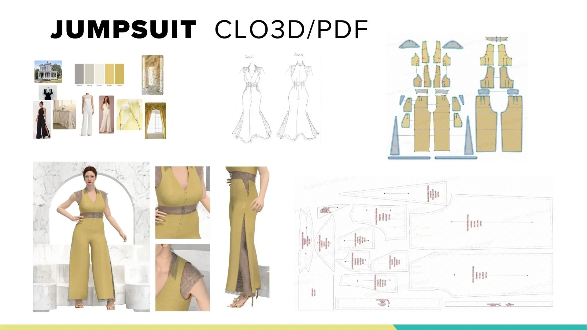 Design schematics and images of a jumpsuit, featuring fabric samples, technical drawings, sewing patterns, and a model wearing a mustard-colored jumpsuit with lace details.