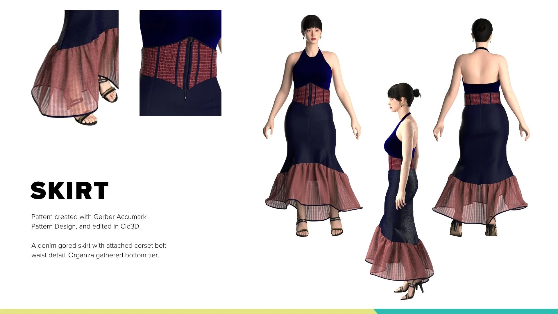 3D render of a woman wearing a denim gored skirt with attached corset belt waist detail and organza gathered bottom tier, shown from front, side, and back views.