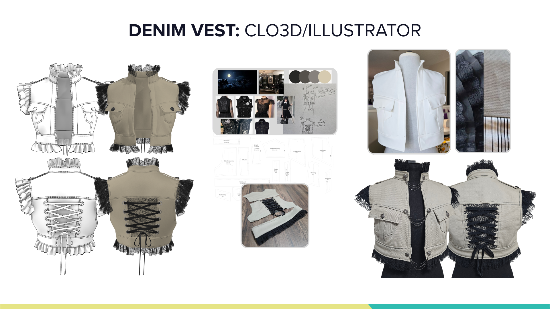 Denim and lace vest developed using CLO3D and Adobe Illustrator, showcasing a complete 2D to 3D patternmaking workflow. This structured cropped vest features a high collar, lace trim detailing, and an adjustable lace-up back for fit. Designed as both