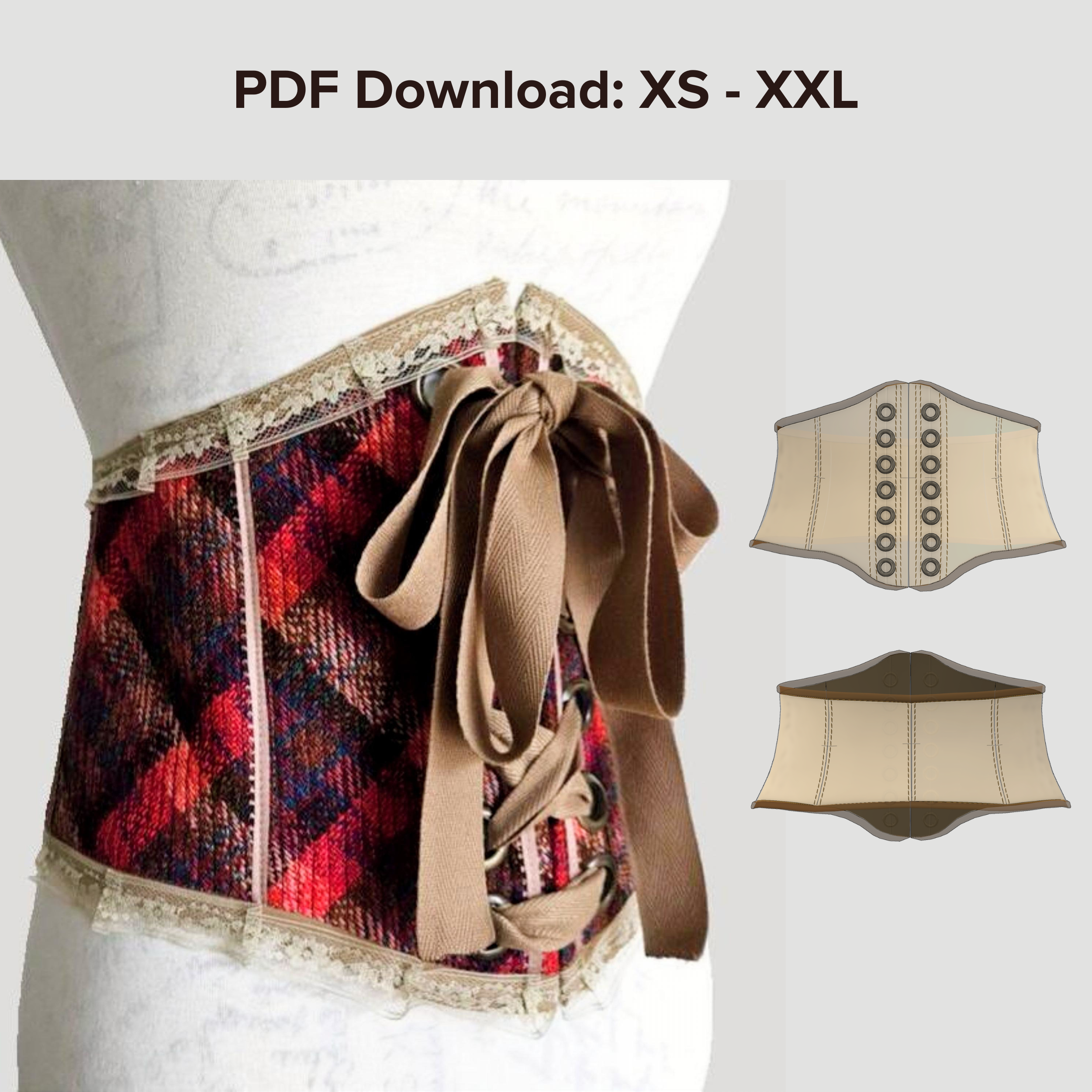 Close-up of a waist with a beige corset beneath a white shirt, a tartan skirt, and beige laces. The dress has lace detailing and decorative eyelets, with additional illustrations of the front and back views of the corset.