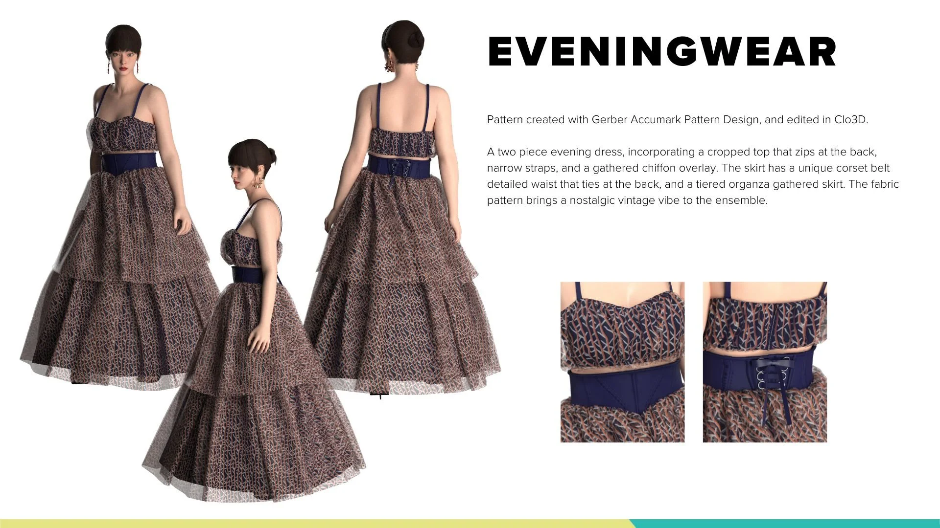 Three models wearing a two-piece evening dress with a cropped top, narrow straps, gathered chiffon overlay, and tiered organza gathered skirt with a vintage-inspired pattern, shown from front, side, and back, with close-up details of the top and wais