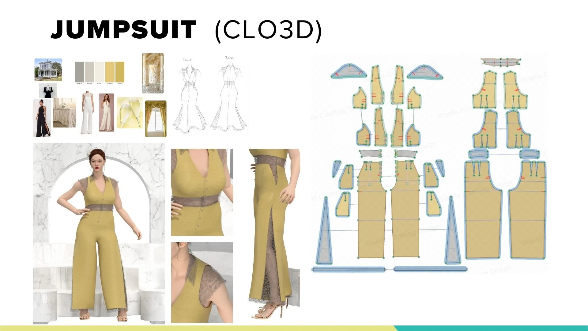 Collage of fashion design elements, including fabric color palette, sketches of a jumpsuit, fabric swatches, technical pattern pieces, and photographs of a model wearing a yellow jumpsuit with lace details.
