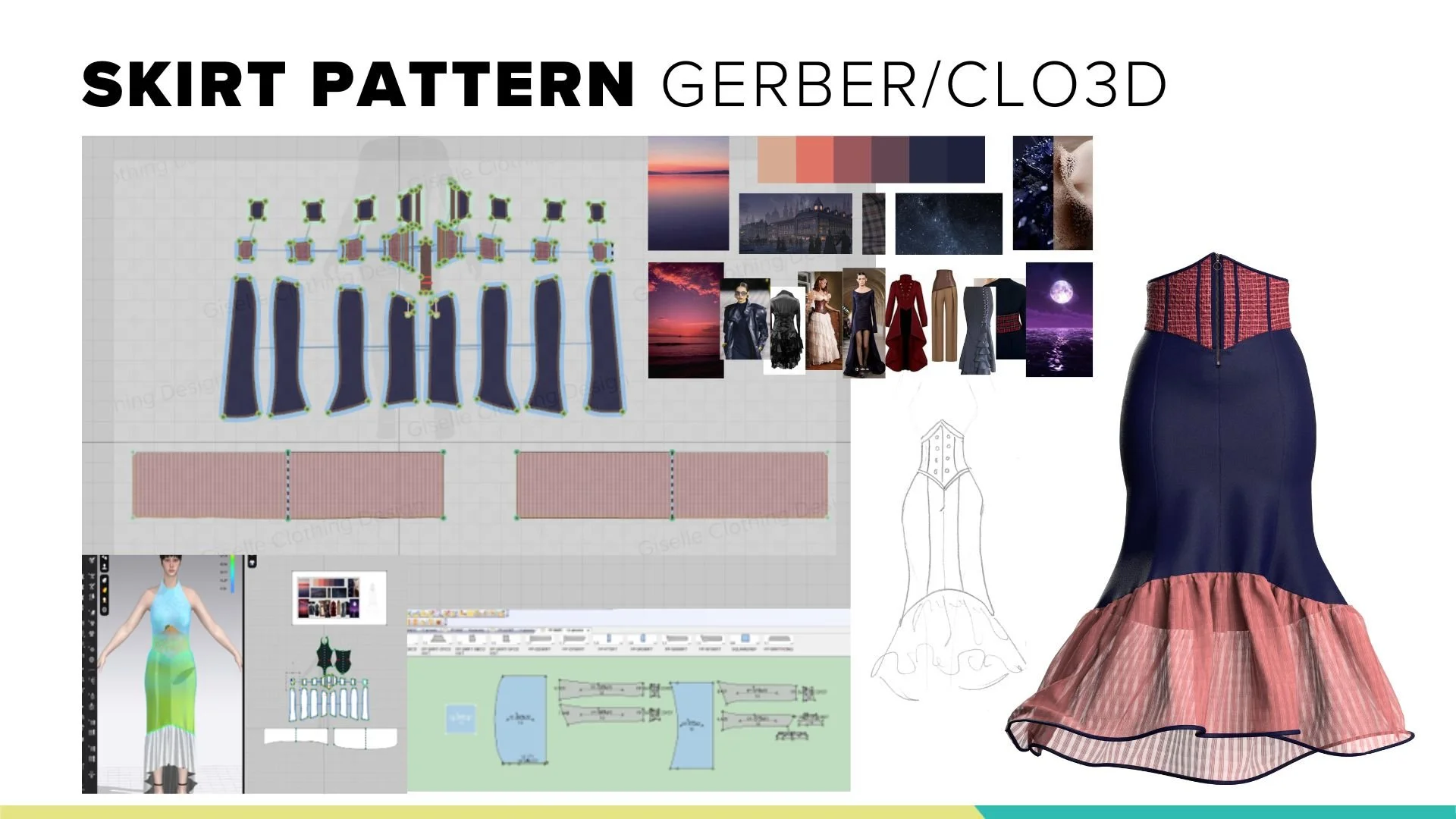 A digital design board for a skirt pattern featuring fabric swatches, mood images, technical sketches, and a 3D rendering of a dress with a navy blue fitted bodice and a pinkish tiered hem.