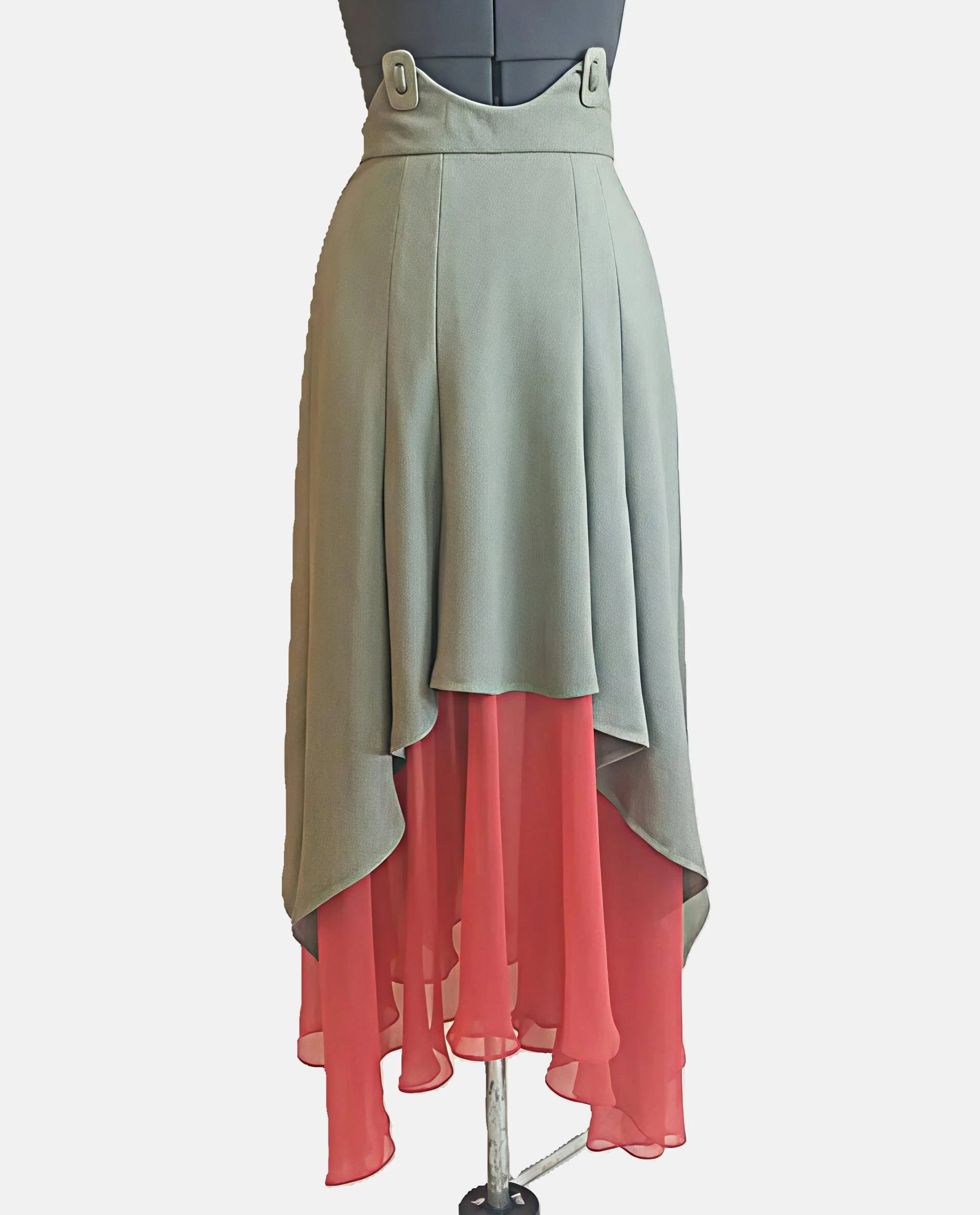 Long layered vintage inspired fit and flare skirt with beige and coral fabric on a mannequin. One of a kind design.