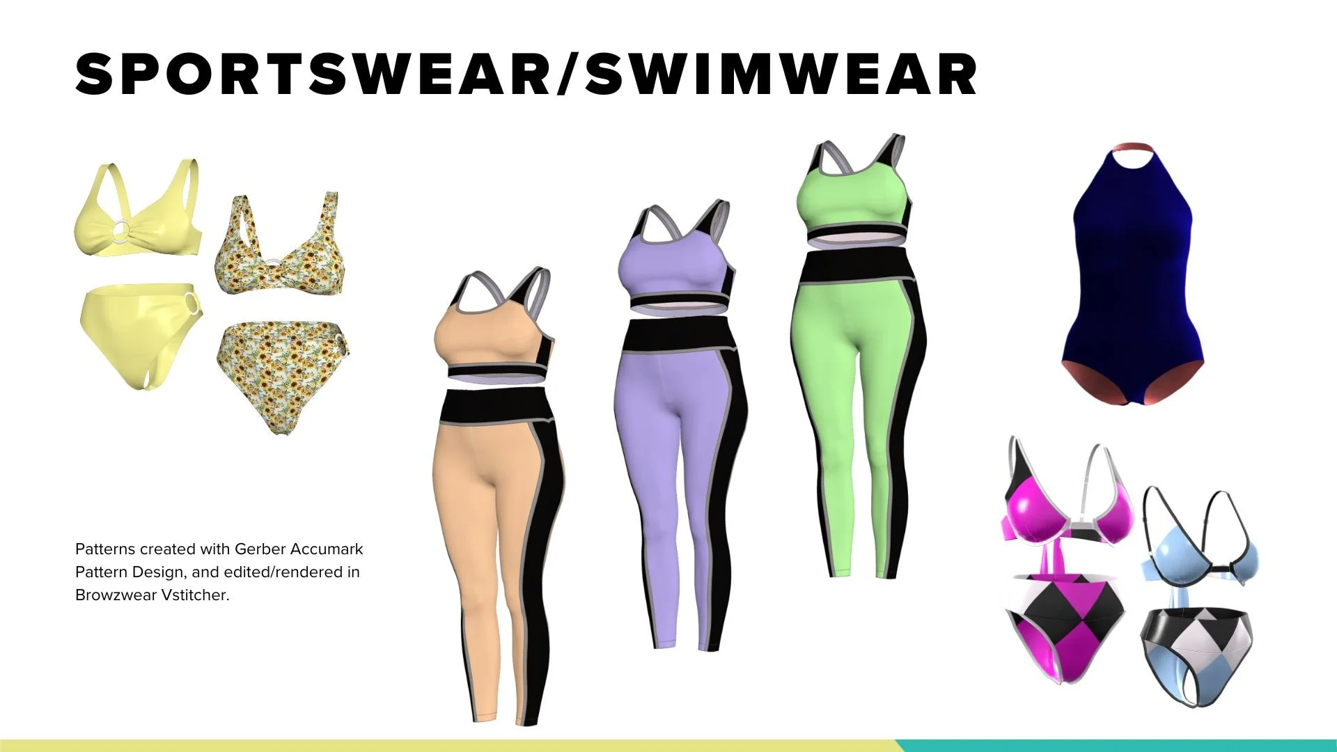 Display of various sportswear and swimwear, including bikini sets, tank tops, and one-piece swimsuits in different colors and patterns, with a text header stating 'SPORTSWEAR/SWIMWEAR' and a note about patterns created with Gerber Accumark and Browzw