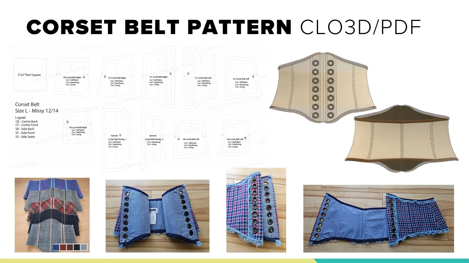 Diagram of a corset belt pattern with fabric samples, and a 3D rendering of the completed corset belts.